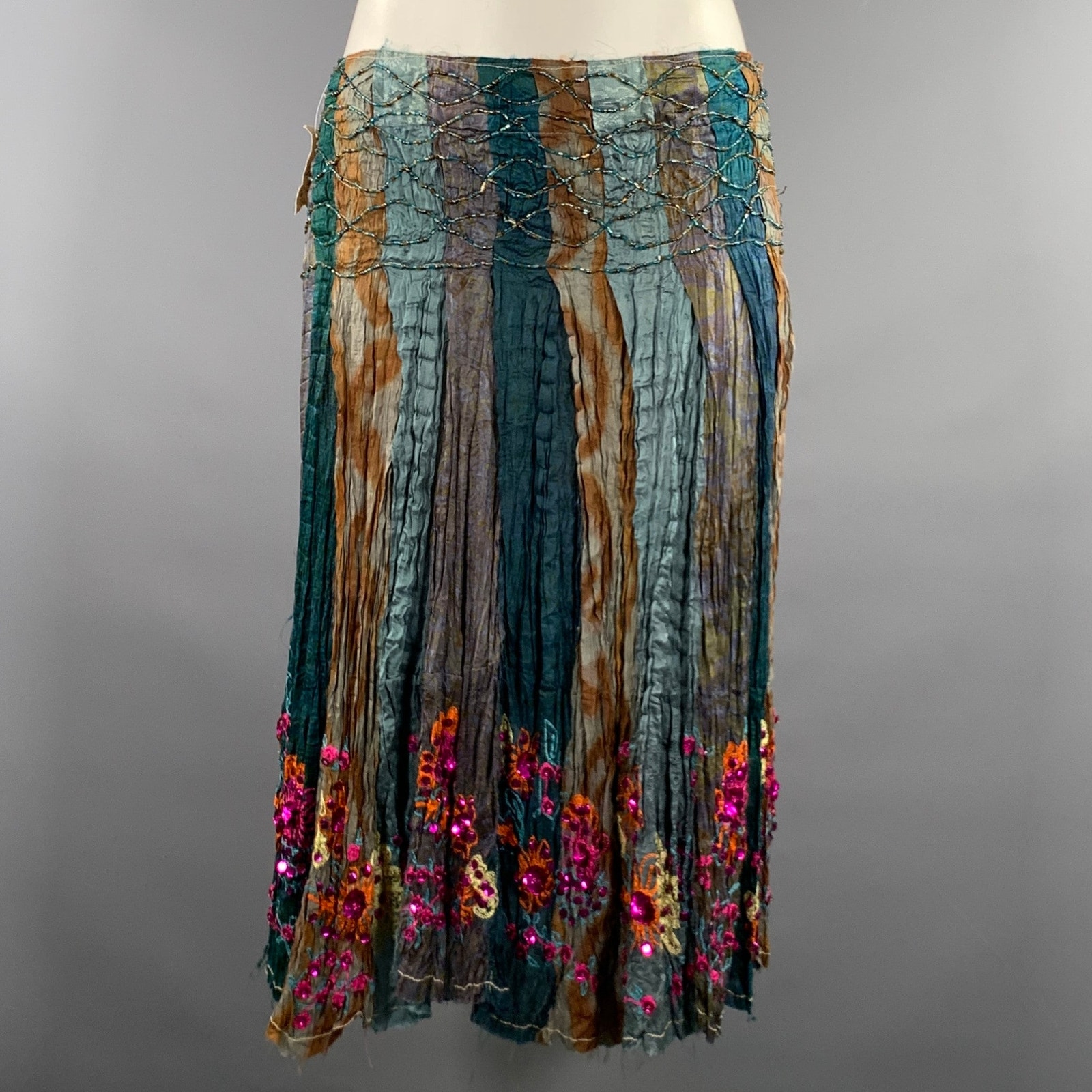 Chan Luu Size M Teal Rust Silk Flower Knee Length Skirt
